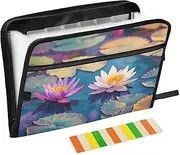 Quteprint 13 Pockets Expanding File Folder with Zipper Closure, Summer Floral Lotus Accordion File Folder with Sticky Labels, Letter Size A4 Papers Expandable File Document Organizer