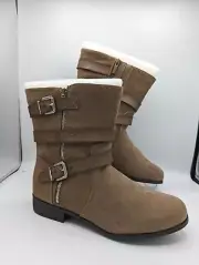 Torrid Flat Bootie Women's 7 W Beige Boot Taupe Three Strap Wide Plus Motorcycle