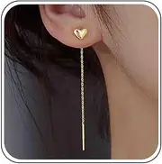 [Aivacai] Boho Heart Threader Earrings Gold Silver Long Chain Thread Earrings Heart Stud Pull Through Earrings Line Bar Dangle Tassel Chain Earrings Heart Shaped Chain Drop Earrings Jewelry for Women