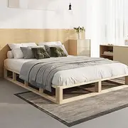 Oikiture Queen Bed Frame with Solid Wood Frame Platform Bed and Wooden Bed Base