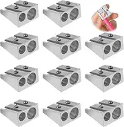 12 Pack Mini Pencil Sharpener Manual, 2-Hole Metal Handheld Pencil Sharpener Aluminum Alloy Sharpener Wedge Profile Pencil Crayon Sharpener (Silver)