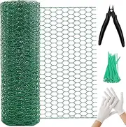 Chicken Wire 15.7in x 236in with a Pair of Gloves，1 Wire Cutter，50 Pcs Cable Zip Ties, Floral Chicken Wire Mesh 0.8in Hexagonal Galvanized PVC Coated Garden Netting Fence for Craft Poultry Garden