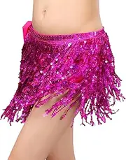 [Makamsui] Women's Sequin Tassel Skirts Rave Fringe Hip Scarf for Festival, Double-layer Waist Wrap Latin Dance Skirt