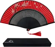 Folding Hand Fan, Black and Red Silk Fabric Bamboo Ribs Hand Held Floral Chinese