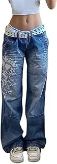 [HOXIJIA] Women High Waisted Wide Leg Denim Pants Y2K Patterned Baggy Flared Hem Jeans Stretch Bell Bottom Trousers