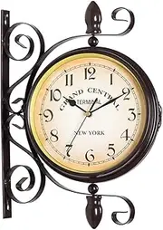 Train Station Clock Two Faces Retro Station Clock, Double Sided Wall Clock, Round Double Sided Retro Wall Hanging Clock, Arts Crafts for Patio, Garage, Outdoor Antique Look Train Station Clock