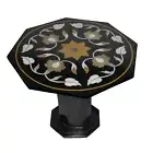 24" Black Marble Table Top With Marble Stand Handmade Pietra Dura Home Decor