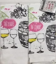 SET OF 2 SAME PRINTED KITCHEN TOWELS (15" x 25") WINE GLASSES & BARREL, HS