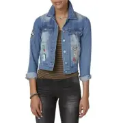 Joe Boxer Women' Embellished Denim Jacket with Patches 100% Cotton - Junior XL