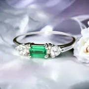 Emerald Cut Created Emerald Engagement Ring Sterling Silver 925 , May Birthstone