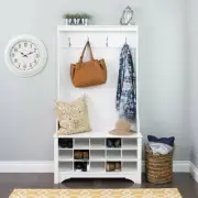 White Wooden Hall Tree Coat Rack Hooks Shoe Storage Locker Entryway Cubbies