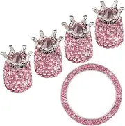 Rhinestone Crown Shape Tire Dust Caps Set for Car Stem Valve Protection Sparkling Auto Decoration for Ignition Button Ring Pink