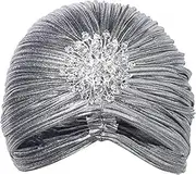 Women's Ruffle Turban Hat Glitter Pleated Stretch Head Wraps Cap with Detachable Crystal Brooch