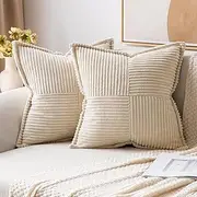 [Usinynia] 2PCS Corduroy Throw Pillow Covers, 45 * 45cm Boho Striped Cream Pillow Covers Broadside Decorative Textured Throw Pillows for Spring Couch Cushion Livingroom (Cream White)