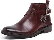 [Generic] Ankle Boot for Men High Top Boot Slip On StyleGenuine Leather Side Zipper Pointed Toe Cross Monk Strap Buckle Decor Men's Leather Shoes