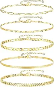 [TELAIN] Pack of 5 Gold Foot Bracelets for Women, 14k Gold Platinum Plating, Waterproof, Cuban Chains, Ankle Set, Layered Foot Bracelets for Beach Gifts, Adjustable Size, L