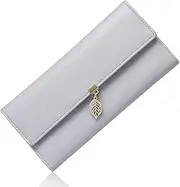 [Generic] Ladies Purse, Leather Women's Wallet RFID Blocking Long Purse Leaf-Shaped Pendant Zipper Coin Purse with Multiple Card Slots and Card Holders Phone Pocket (Grey, One Size)