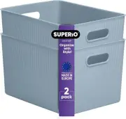 Superio 22L Large Ribbed Storage Bin- Plastic Storage Bin (2 Pack, Stone Blue)