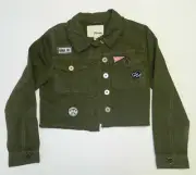 MADDIE Girl's Frayed Cropped Twill Jacket w/ applique Army Green Size Large New