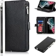 [Cavor] for Samsung Galaxy S22 Ultra Case,PU Leather Zip Pocket Wallet Flip Cover Case Magnetic Closure Book Design with Kickstand Feature & Card Slots Compartment for Galaxy S22 Ultra 5G (6.8")-Black