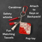 Keychain With Square Shaped Pop Bubble Fidget Toy, Whistle, PomPom. Bag Clip.