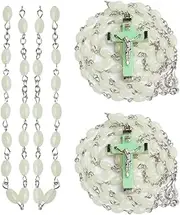 2Pcs Luminous Christian Catholic Cross Rosary Necklace Glowing Light in Dark Beaded Rosary Necklaces for Men Women Christians