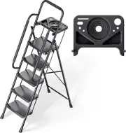 5 Step Ladder, Folding Step Stool with Safe-Lock Design, 500 Lbs Sturdy Steel La