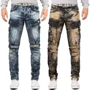 Cipo & Baxx Mens Jeans Khaki Blue Regular Fit Biker Style Rhinestone Stud Detail
