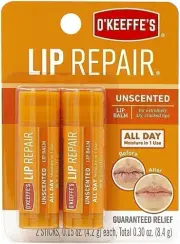 O'Keeffe's Unscented Lip Repair Lip Balm for Dry, Cracked Lips, Stick, Twin Pack