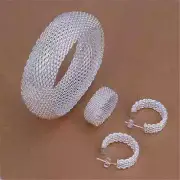 Size6-10 Charm 925 Sterling Silver Bangle Rings Earrings Bracelets Jewelry Set