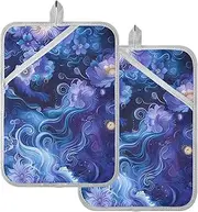 Pot Holders Heat Resistant Abstract Flowers Blue Purple Dreamlike Potholders for Kitchens with Pockets Hotpads Oven Mitts 2 Pack