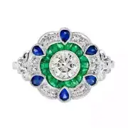 Art Deco Style Lab-Created Diamond Emerald Floral Halo Ring 14K White Gold FN