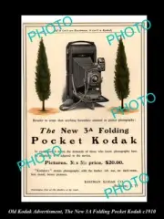 OLD LARGE HISTORIC KODAK CAMERA ADVERTISMENT THE 3a FOLDING POCKET CAMERA c1910