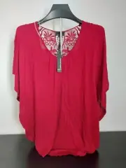 Jeans By Buffalo Bohemian Crochet top MEDIUM Dolman Sleeves Open Back Red Womens
