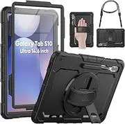 [SEYMAC] Case for Samsung Galaxy Tab S9 Ultra / S8 Ultra 14.6 Inch 2023/2022, Shockproof Case with Screen Protector, 360° Rotating Stand and Hand Strap, Shoulder Strap, Pen Holder, Black