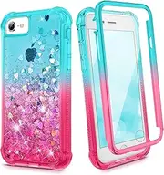 Ruky for iPhone 7 8, iPhone SE 2022 Case, Full Body iPhone 6 6s Case for Girls Glitter Liquid Cover with Built-in Screen Protector Shockproof Cover, Teal Pink