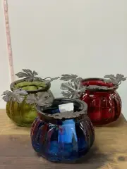 3 Piece Candle holder set Glass 3in w Metal leaf design New Pier 1 Imports
