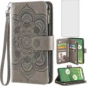 [Asuwish] Phone Case for Google Pixel 7 5G Wallet Cover with Tempered Glass Screen Protector and Flower Leather Flip Credit Card Holder Stand Lanyard Cell Accessories Pixel7 Pixle Seven Women Men Grey