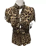 Dolce & Gabbana Leopard Print Silk Blouse Top Womens 46 Small Tie Front New
