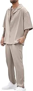[HanzhuoLG] Men's Casual Two Piece Outfits Summer Solid Color Lapel Short Sleeve Shirt Pants 2 Pcs Set Large Khaki