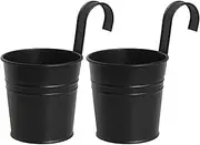 2PCS Metal Iron Hanging Flower Plant Pots,Retro Black,Removable Hook Black Tin Flower Bucket,Drainage Hole,Hook - Balcony Planters Railing Fence