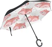 Double Layer Inverted Umbrella Cars Reverse Umbrella Cute Fox Hearts Windproof UV Proof Travel Outdoor Umbrella