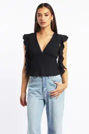 Black Frilled Top Sleeveless V-Neck Lace Trim - Size 16XL, Women's Top