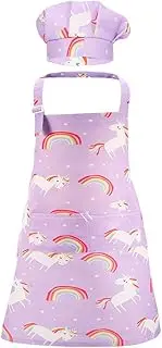 ADAKEL 1 Set Kids Apron Set Unicorn Apron and Chef Hat with 2 Pockets Adjustable Chef Apron and Hats for Kids for Boys Girl's Kitchen Cooking Baking Painting Wear(Purple)