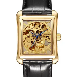 古駝方形手錶透明鏤空機械男表手動機械時尚商務皮帶手錶
