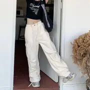 High Rise Plain Wide Leg Cargo Pants / Short-Sleeve Crop T-Shirt Pants - Off-White - L