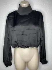 Zara Black Satin Collared Long Sleeve 1/2 Zip Crop Top Sz S NEW NWT