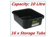 16 x Heavy Duty BLACK Plastic Storage Tubs 10L Crate Containers Boxes Tub Bin Fd