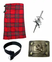 New Men's Royal stewart 5 Yard Highland Tartan Kilt 4 Pcs Set With Accessories