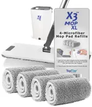 X3 Mop XL Replacement Microfiber Cleaning Pads, 4 Pack of Reusable Flat Mop H...